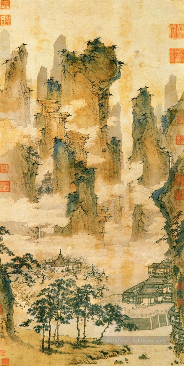 pavillons dans les montagnes de la vieille encre de Chine immortels Peintures à l'huile